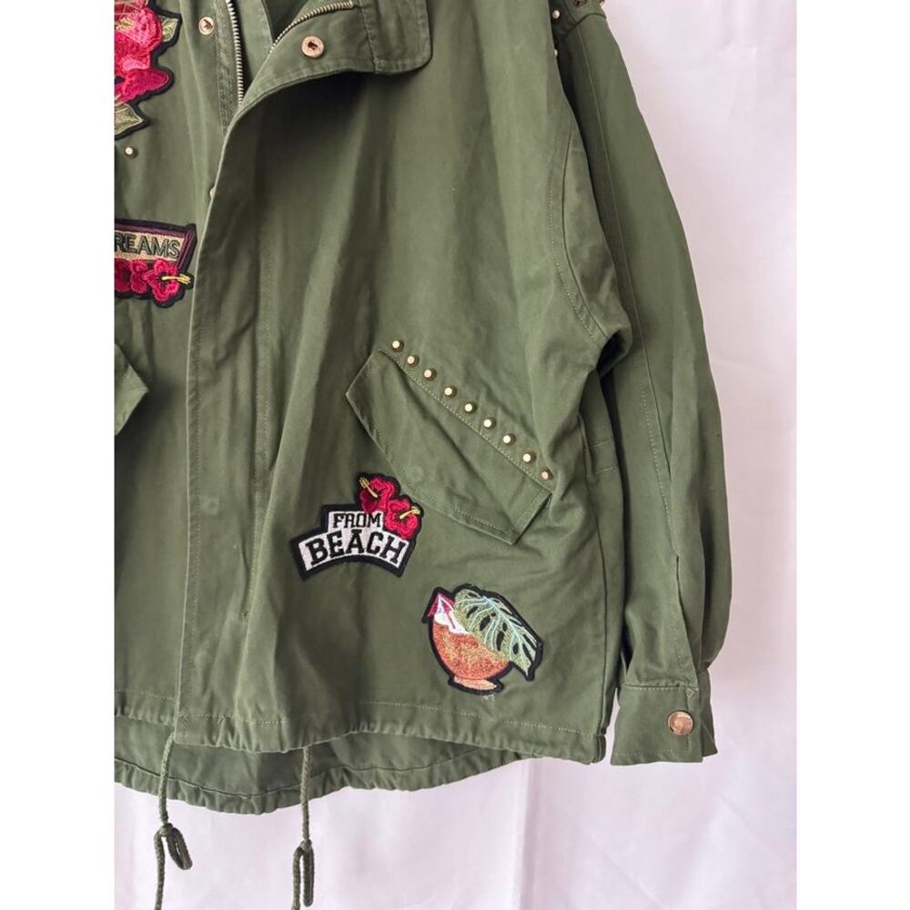 Zara Woman Green Embroidered Utility Jacket Tropical Patch Studded Oversized M - Picture 4 of 16